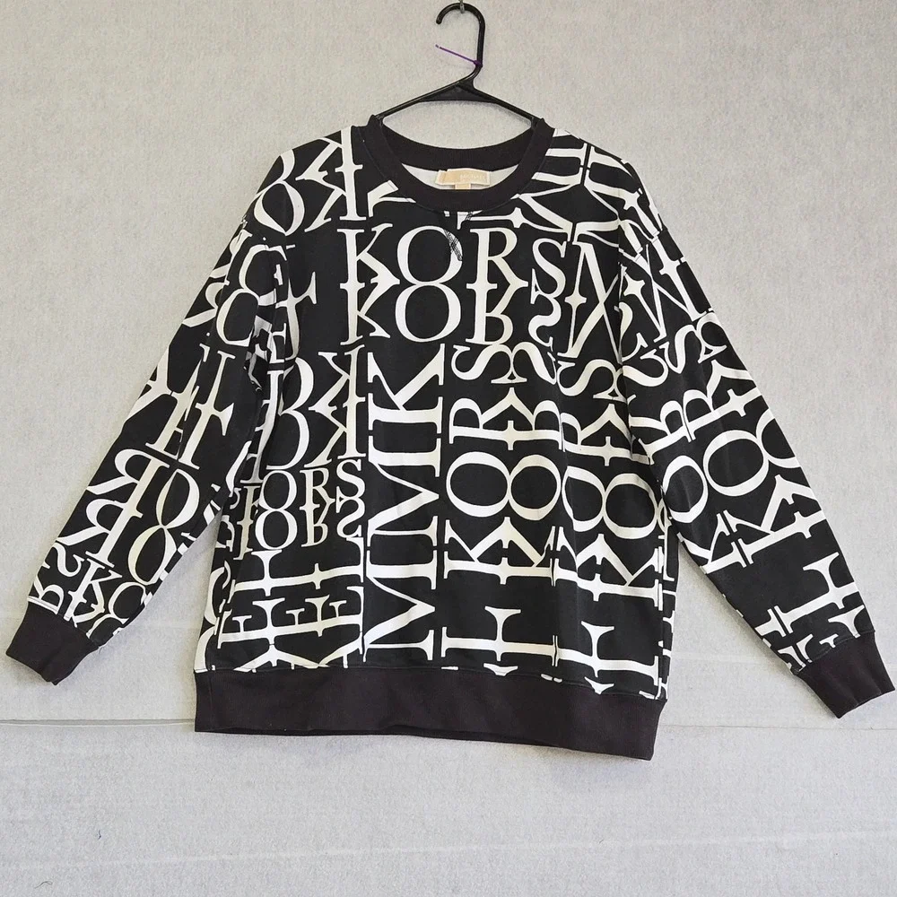 Michael Kors Large Black White Logo Print Crewneck Sweatshirt Pullover B444